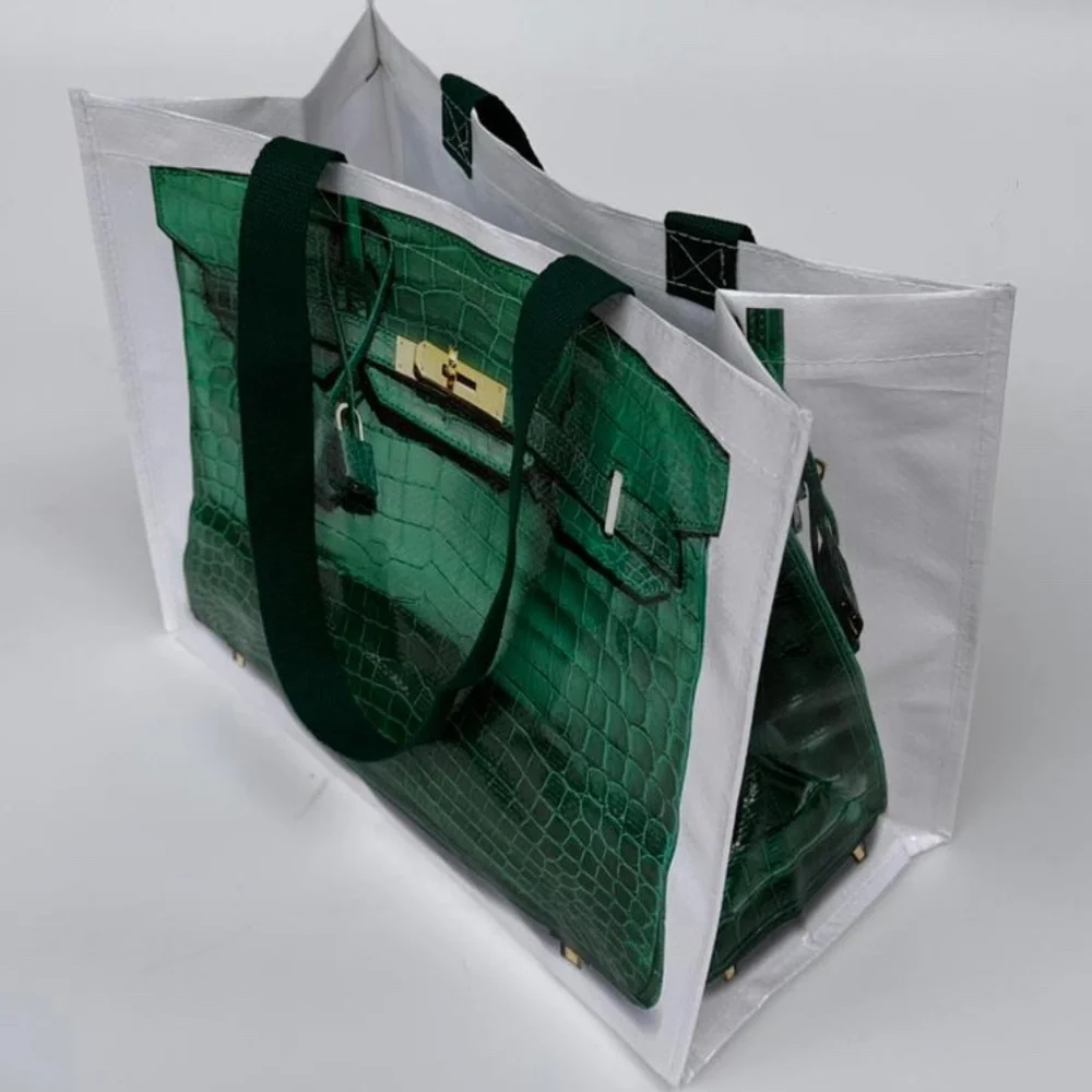Grocery Bag made from Recycled Plastic Bottles with Novelty Bag Print in Green